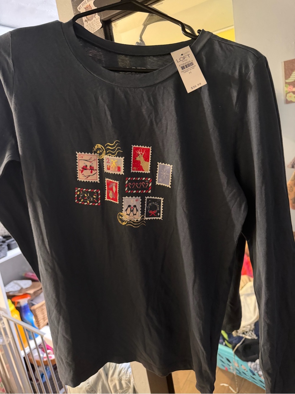 LOFT Black Long-Sleeve Tee with Colorful Stamp Patch Graphic